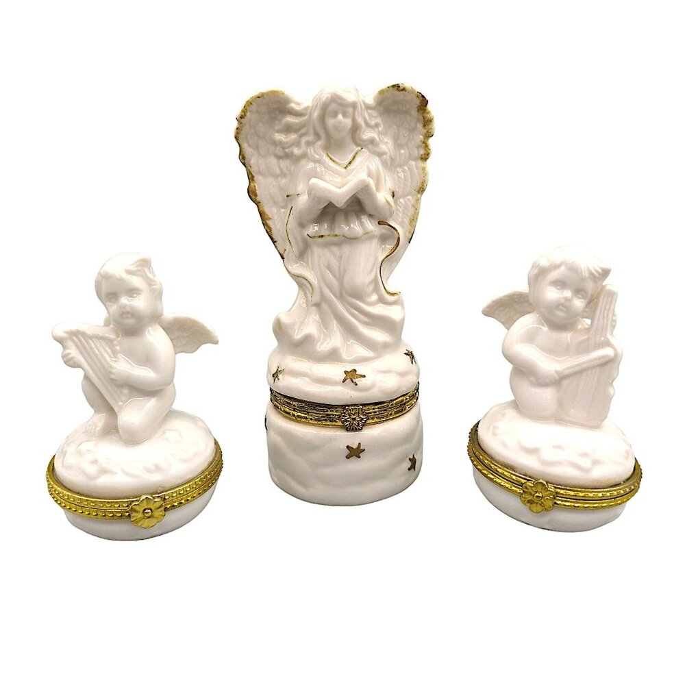 Set of 3 Porcelain Angel & Cherub Trinket Boxes Gold  Trim Hinged Vintage Style